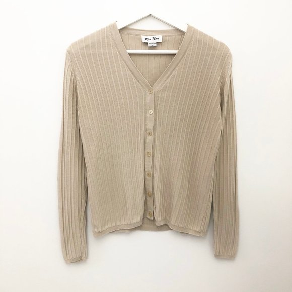 Vintage 100% Silk Ribbed V-Neck Cardigan Sweater - Picture 2 of 6